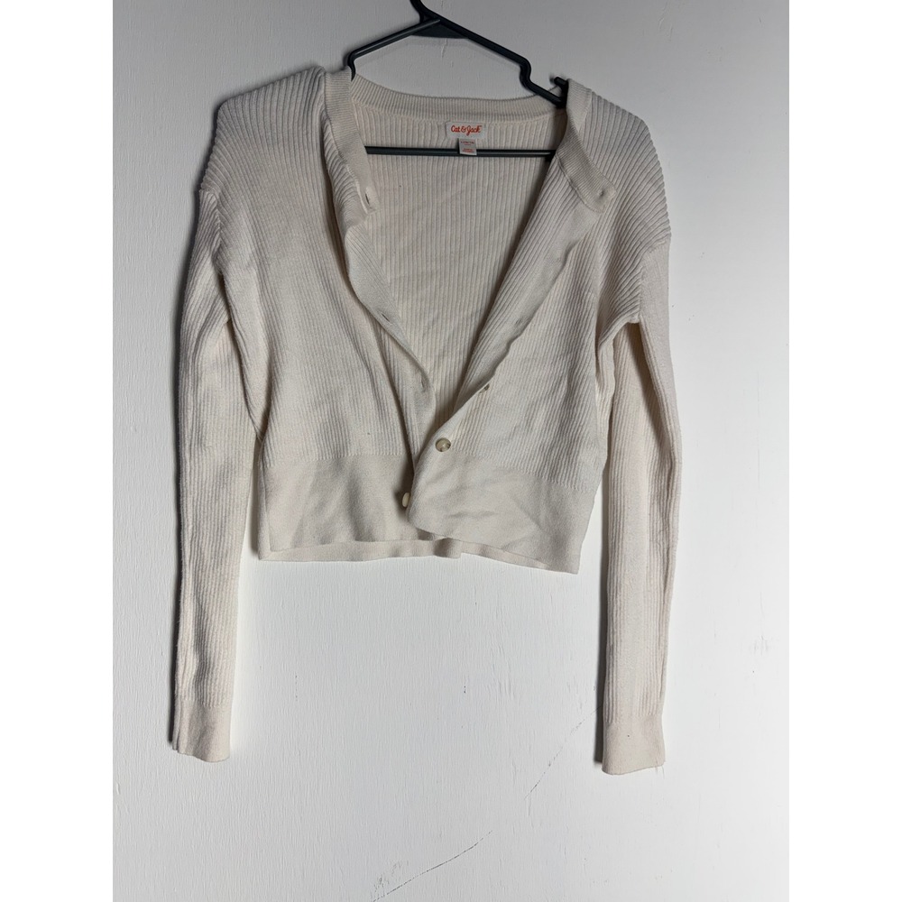 Cat & Jack Girls Cream Ribbed Cropped Cardigan Sweater Size L 10/12 Off White
